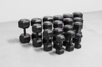 Black Full Rubber Hex. Dumbbell w/ ergo handle, pairs